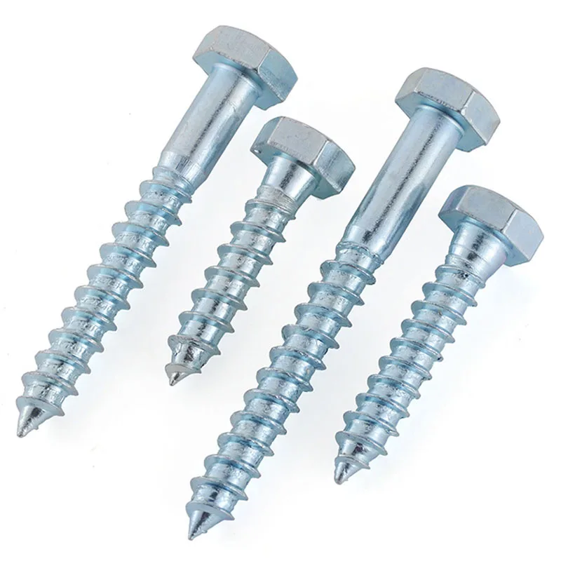 M10*60 DIN571 Galvanized High-Strength Carbon Steel Self Tapping Wood Screw Hexagonal Head Smooth Spiral Shank Packaged Carton